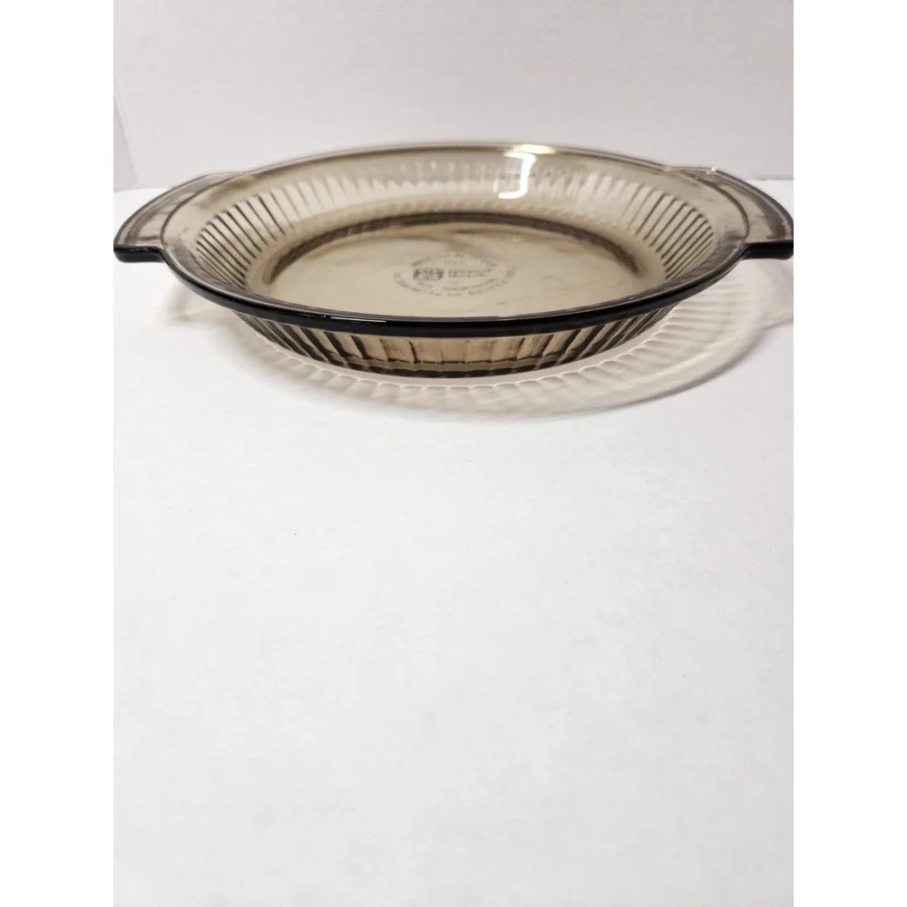 Anchor Hocking 9 inch Pie Plate Dish #1460 Amber Brown Glass Ribbed USA Made‎